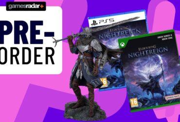 Image of the box art for the PS5 and Xbox versions of Elden Ring Nightreign, including the Elden Ring Nightreign statue, on a purple GamesRadar background.