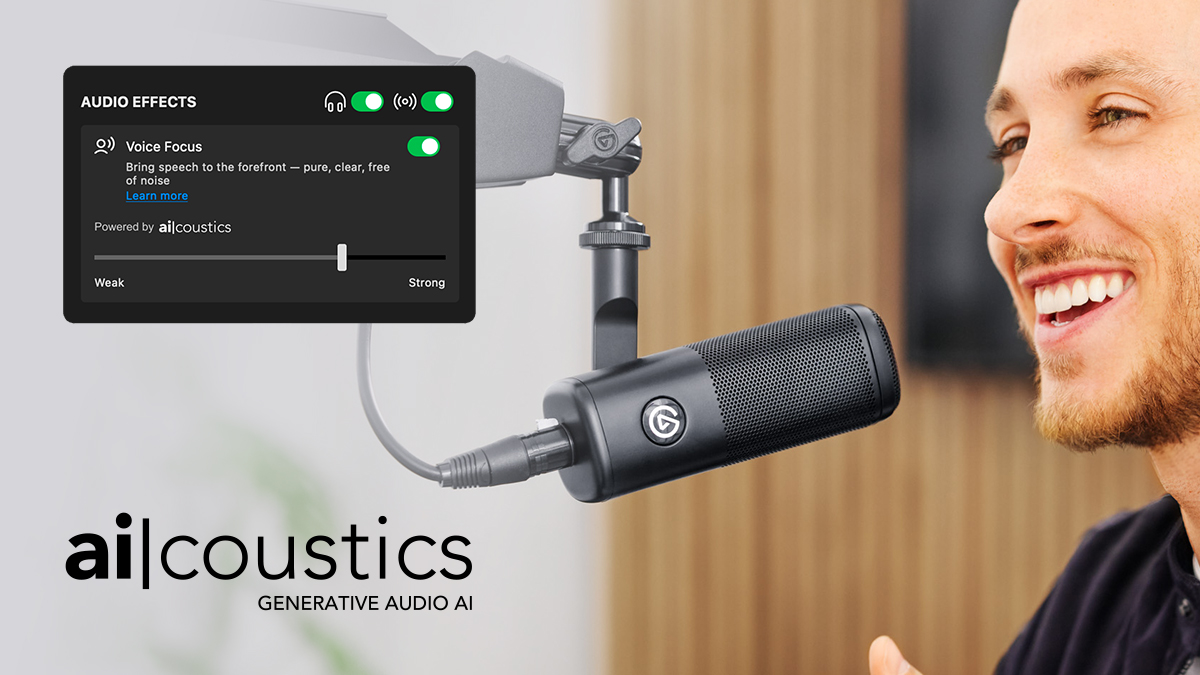 An ai|coustics and Elgato marketing image revealing the new Voice Focus feature for Elgato's microphones