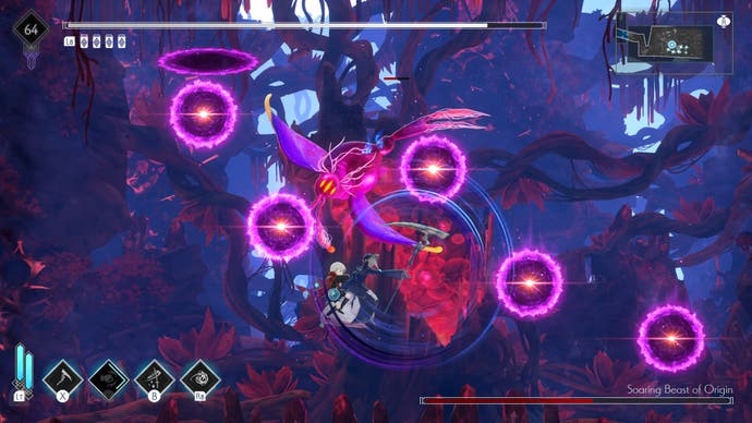 A young girl and a sword fighter do battle with a large, soaring beast unleashing circular purple energy attacks in Ender Magnolia: Bloom in the Mist.