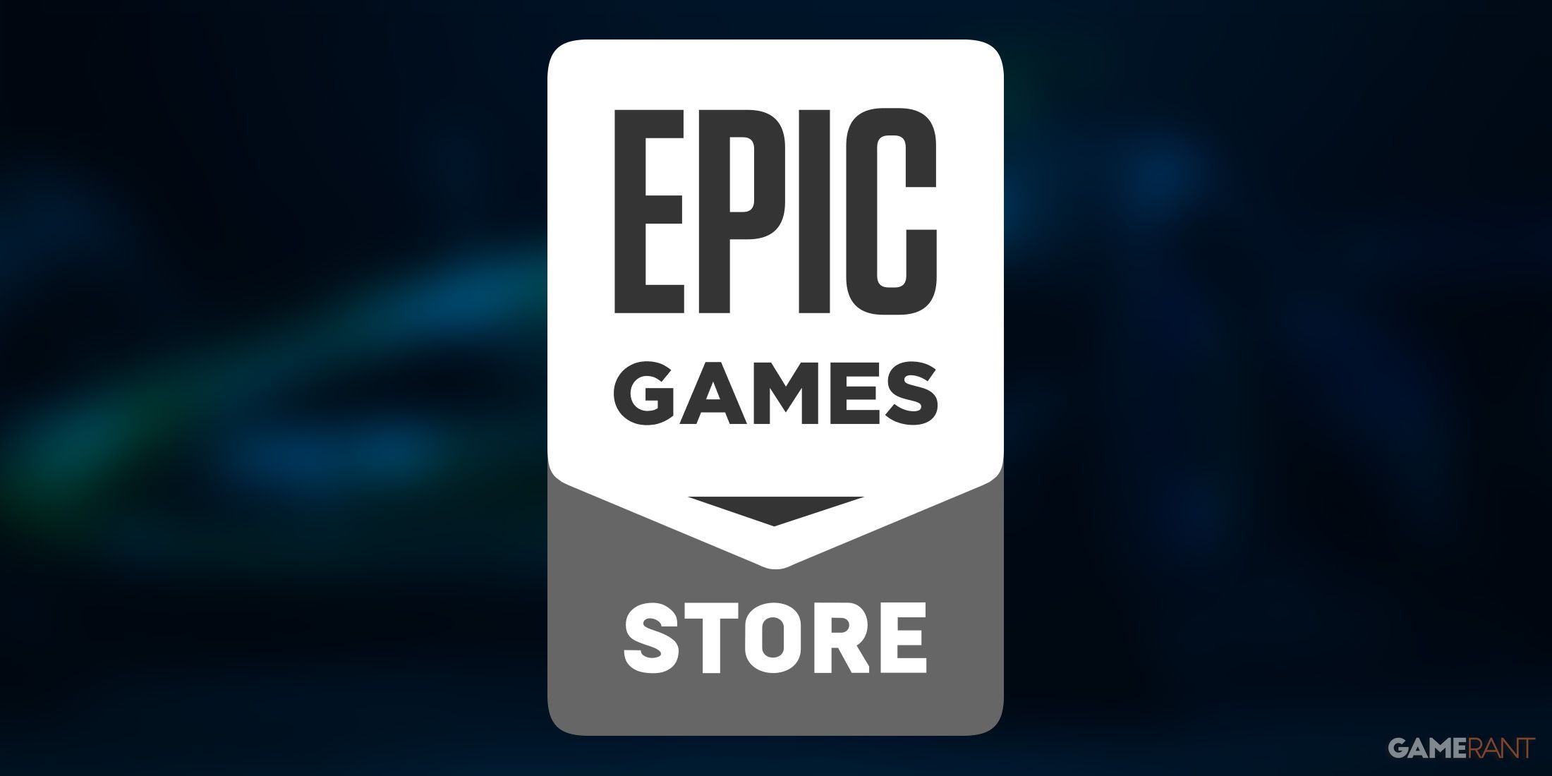 Epic Games Store logo over blurred F1 Manager 2024 gameplay screenshot blue formula