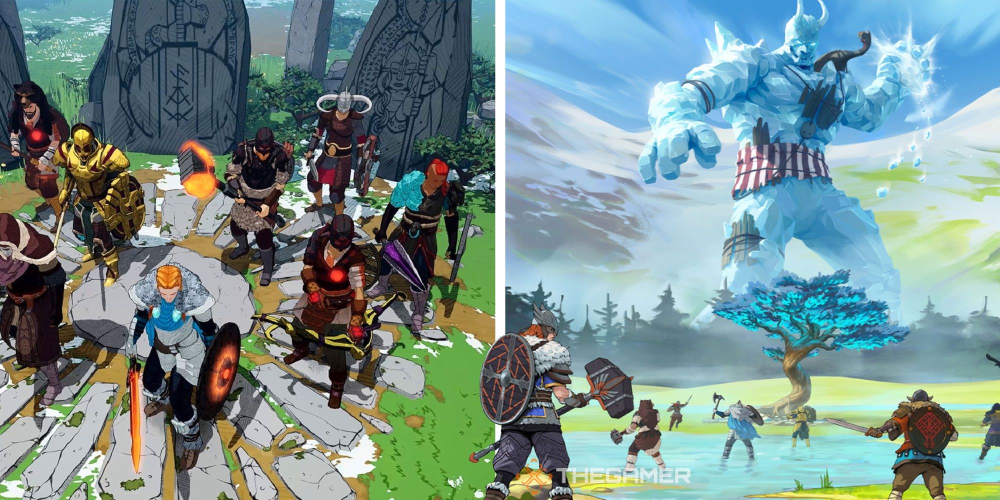 Split image of Tribes Of Midgard showing playable characters and an ice giant.