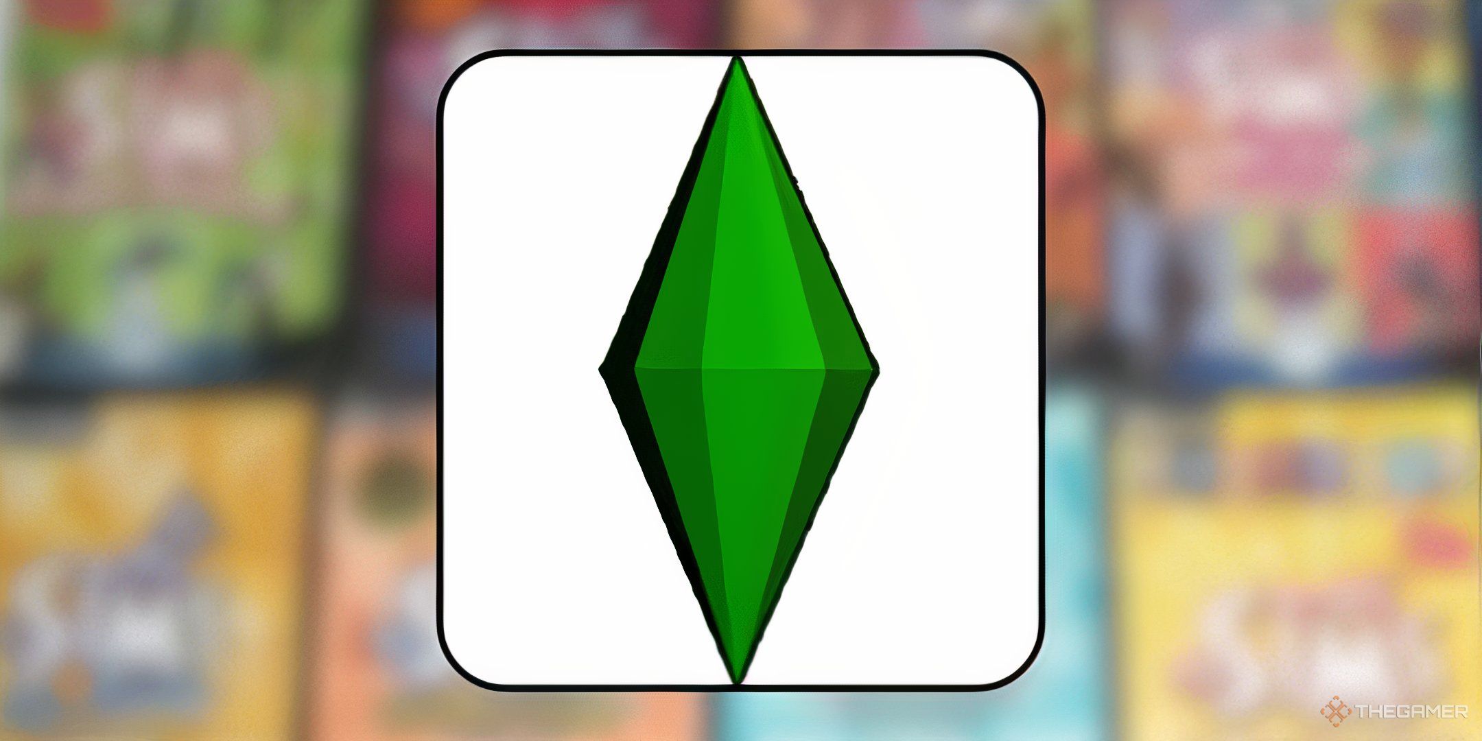 A plumbob from The Sims 1 in front of a blurred background of every expansion for the original Sims.