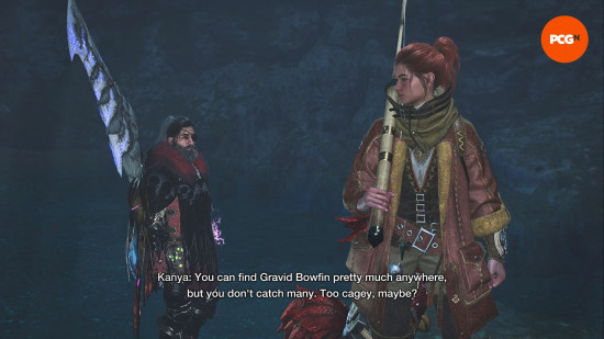 Monster Hunter Wilds fishing: a woman with red hair, holding a fishing rod talks to a man with a beard about where to catch a certain type of fish.