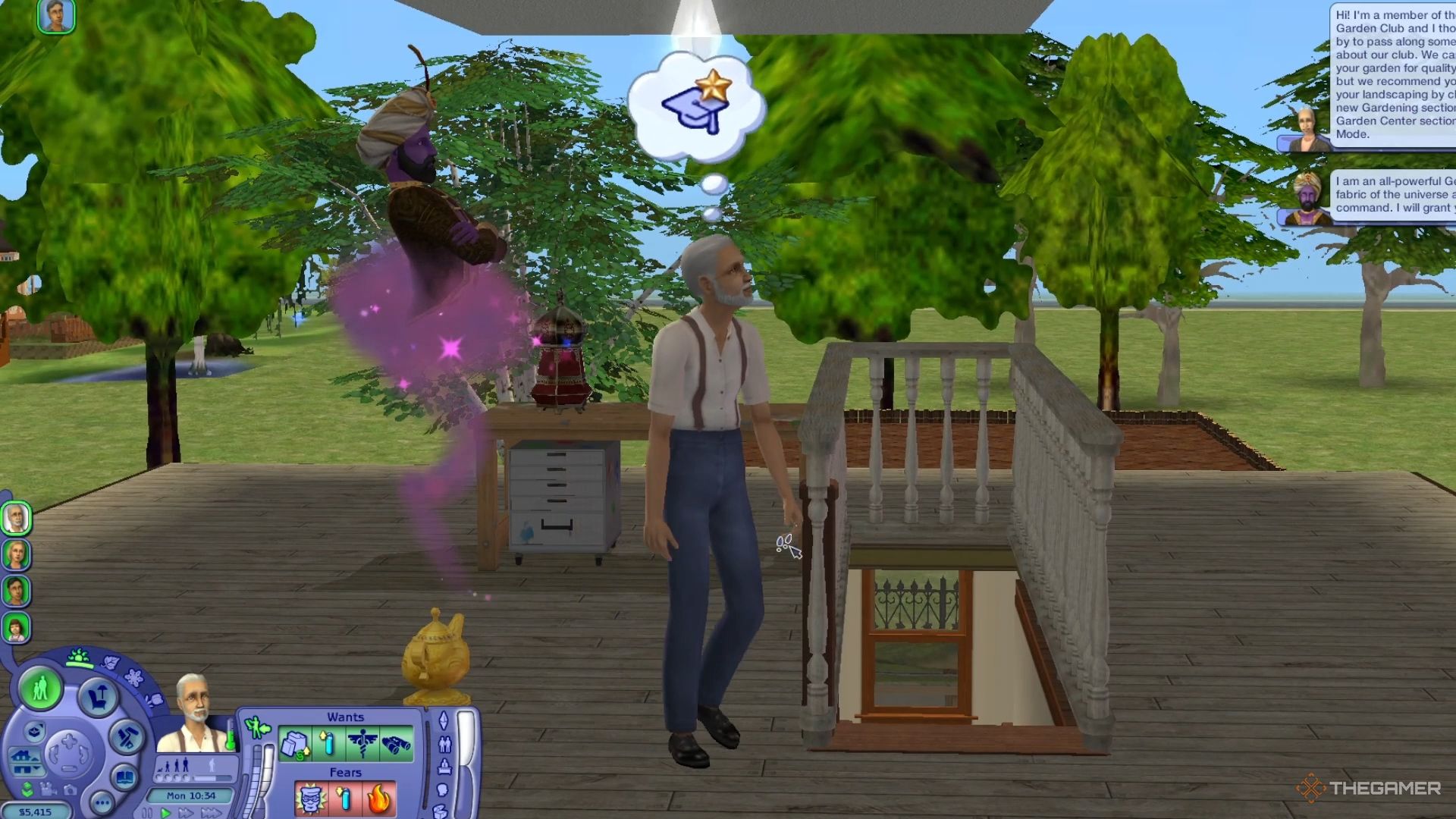 An elder sim walking away from a genie while thinking about college.