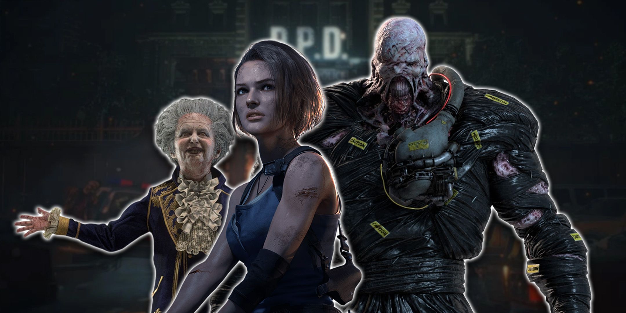 Jill Valentine standing next to the Nemesis Tyrant and Ramon Salazar from the Resident Evil series