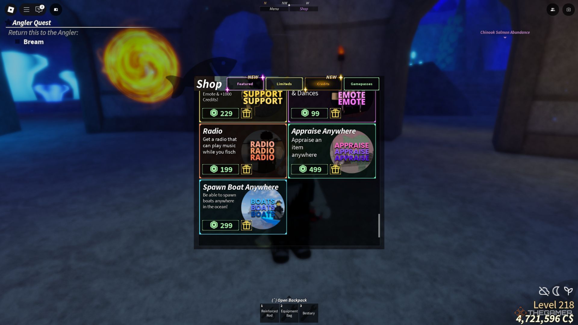 The player character shows the radio gamepass in the in-game store while being in the Atlantis area in Fisch.