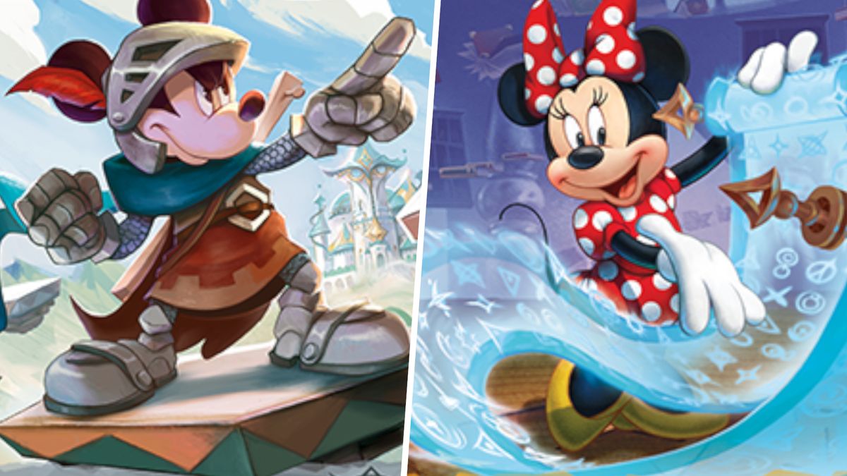 Mickey Mouse in knight's armor, pointing, divided from Minnie mouse with a mystical scroll by a white line