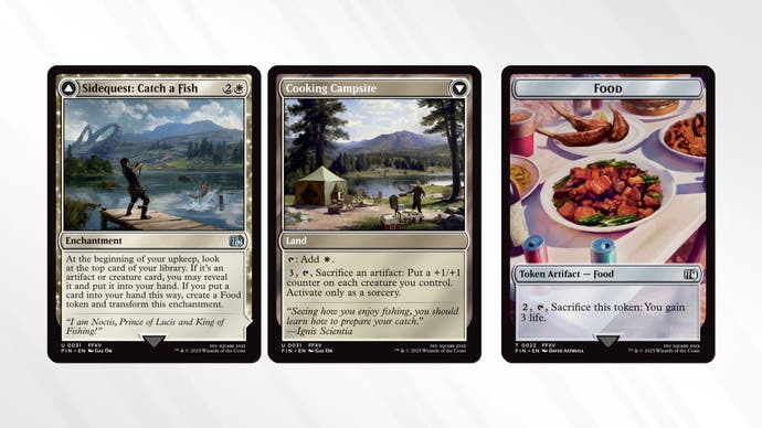 Magic: The Gathering Final Fantasy crossover showing fishing minigame card and cooking cards