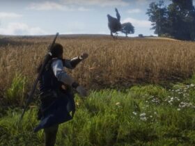 Fable 4 screenshot of the protagonist kicking a chicken in a field