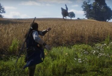 Fable 4 screenshot of the protagonist kicking a chicken in a field