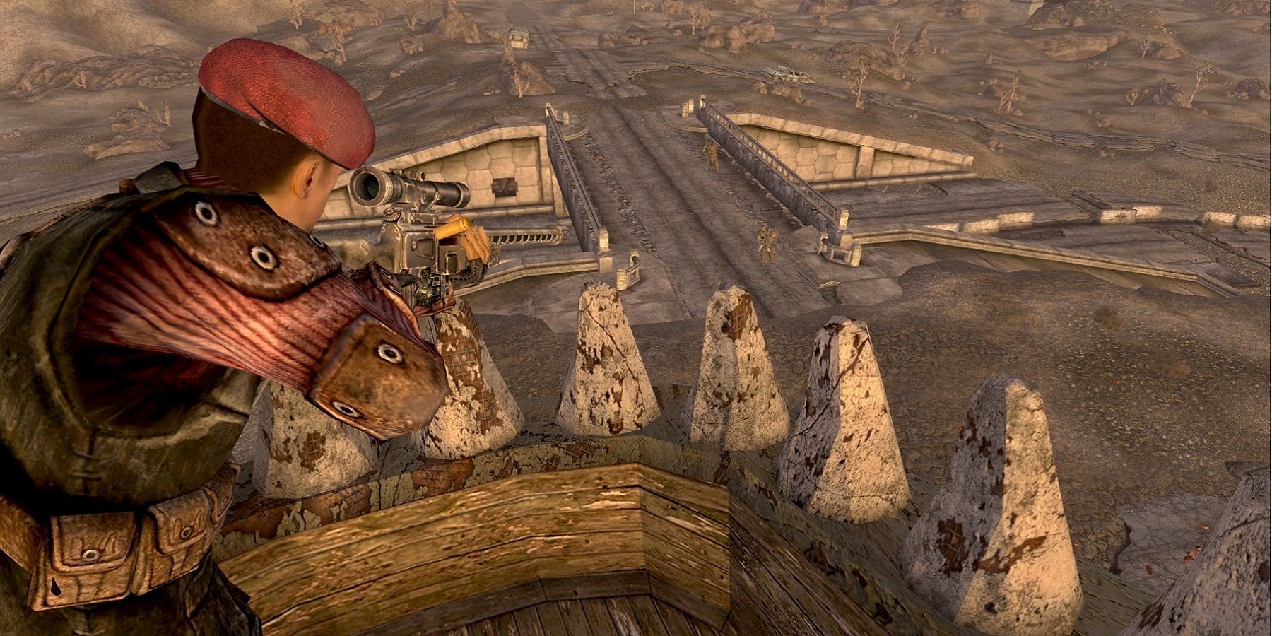 Image from Fallout: New Vegas showing a sniper in the mouth of Dinky the T-Rex.