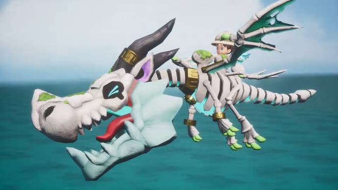 Fantasy Life i trailer screenshot showing character riding a skeletal dragon over a sea