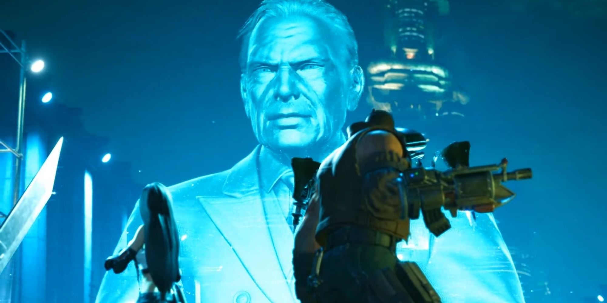 Final Fantasy 7 Remake Chapter 7 A hologram of President Shinra looks down on Barret, Cloud, and Tifa