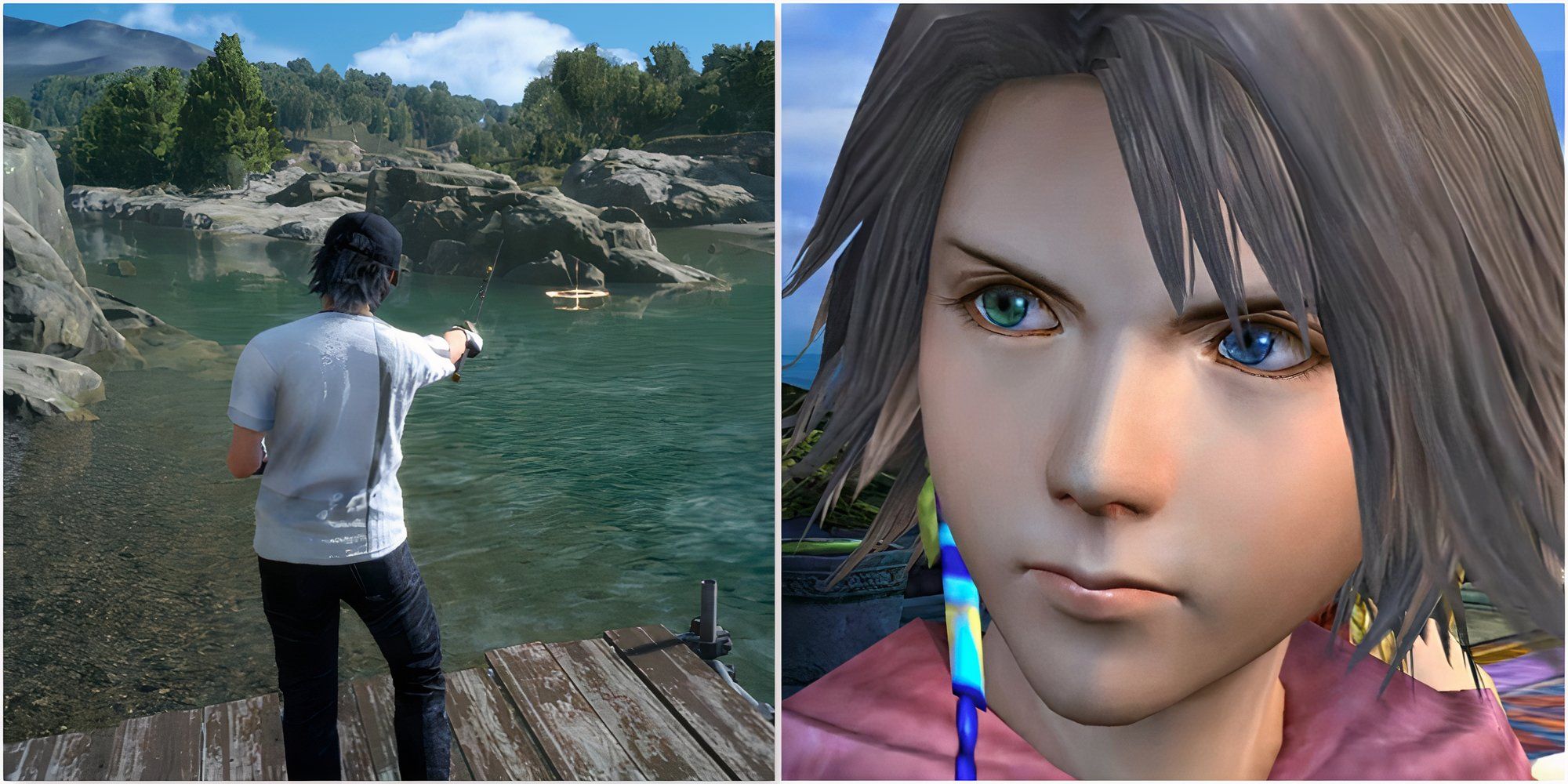 Fishing in Final Fantasy 15 and Yuna in Final Fantasy 10-2