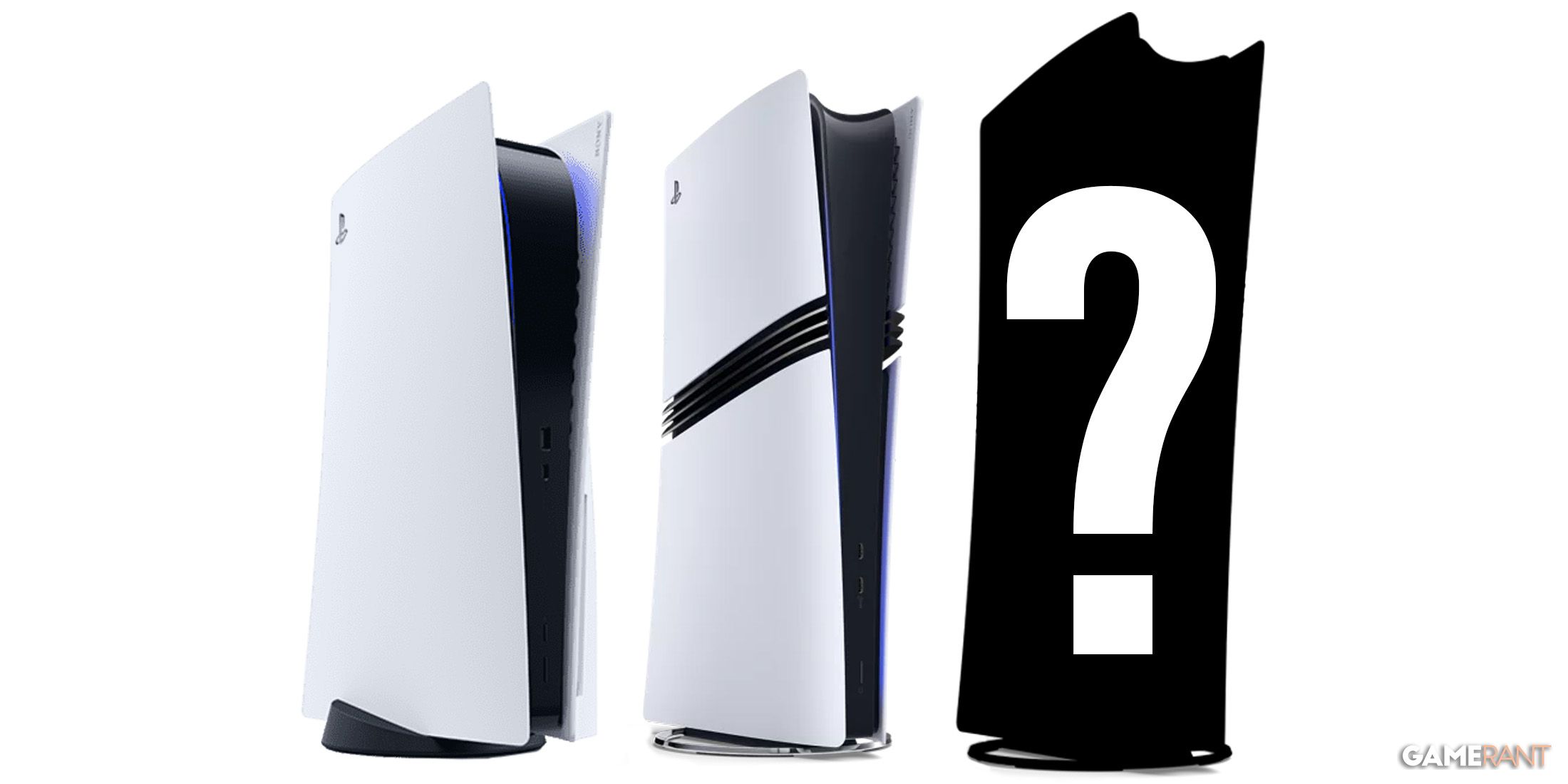 PS5 vs PS5 Pro vs PS6 silhouette with question mark mockup on white background 2x1 composite