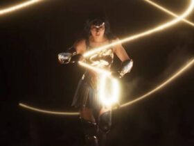 A zoomed-in and brightened screenshot of Wonder Woman in the reveal trailer for the untitled Wonder Woman game.