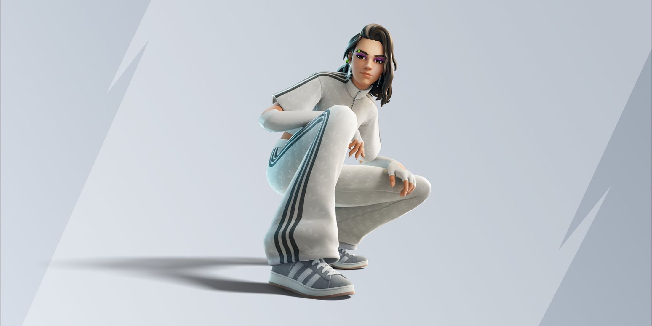 A Fortnite character dressed in a white track suit crouches down and displays her shoes.