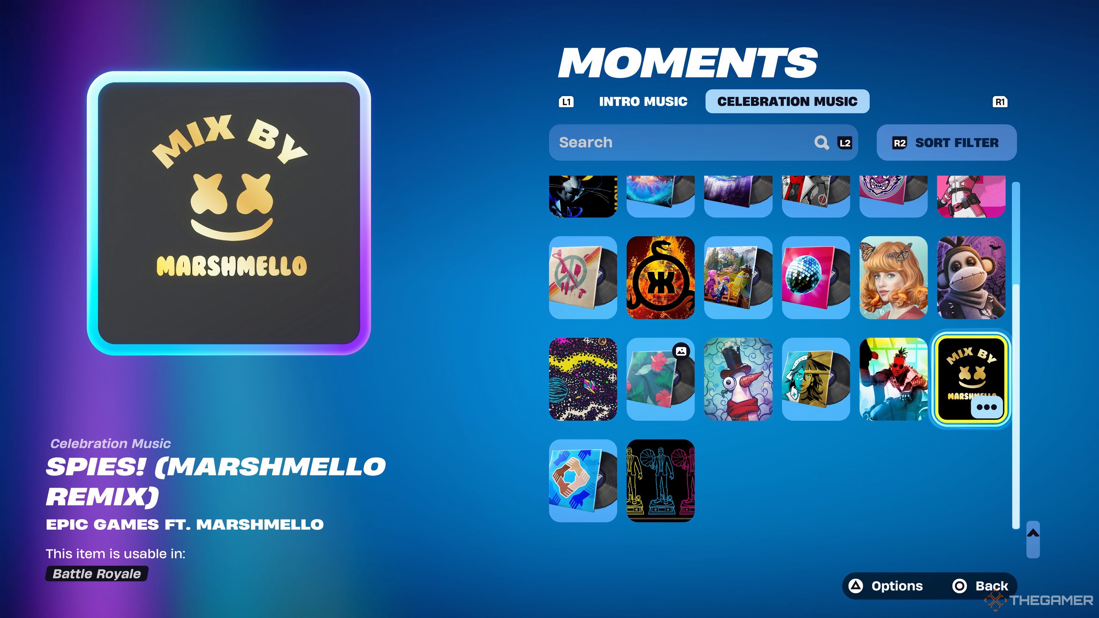 A screenshot of the celebration music section in Fortnite's new Moment feature. 