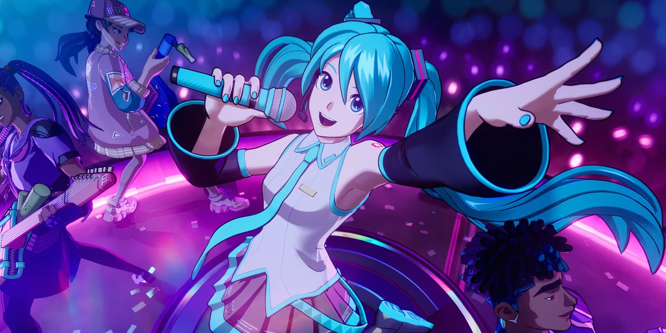 Hatsune Miku in Fortnite jamming with other characters on a neon purple stage.