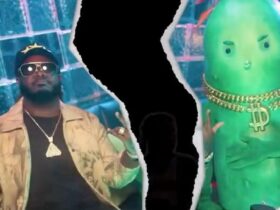 Fortnite mascot Big Dill in a ripped photograph with T-Pain