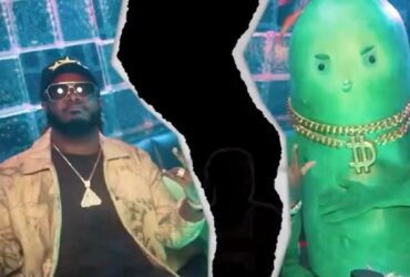 Fortnite mascot Big Dill in a ripped photograph with T-Pain