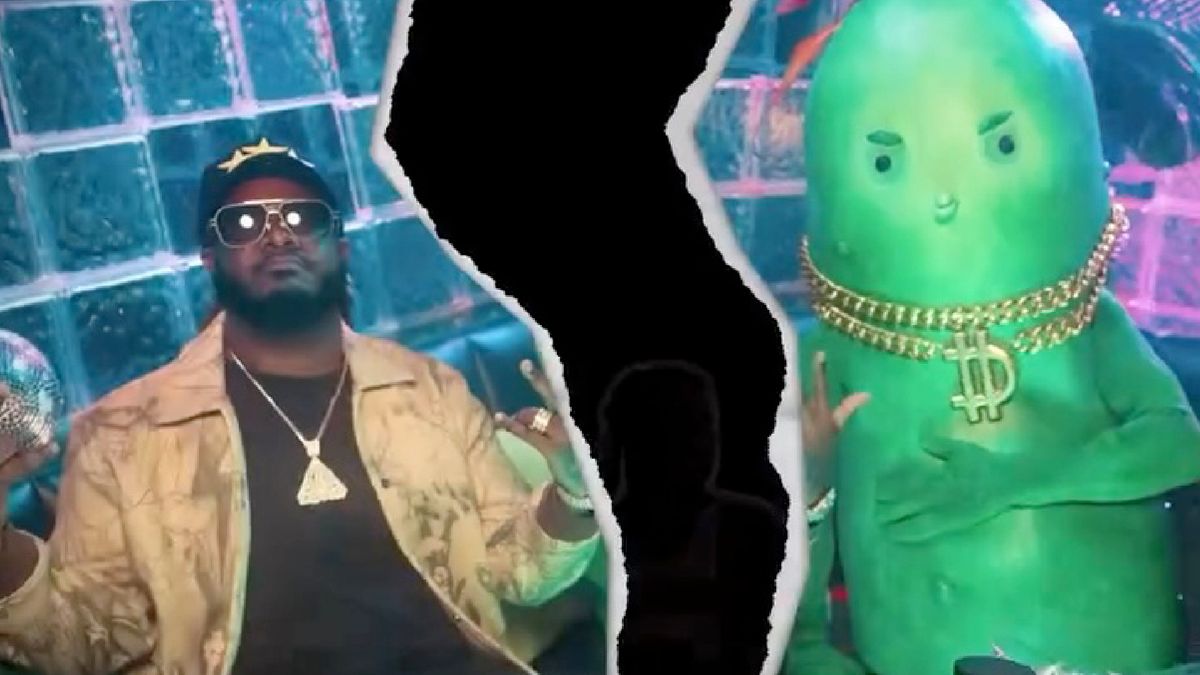 Fortnite mascot Big Dill in a ripped photograph with T-Pain