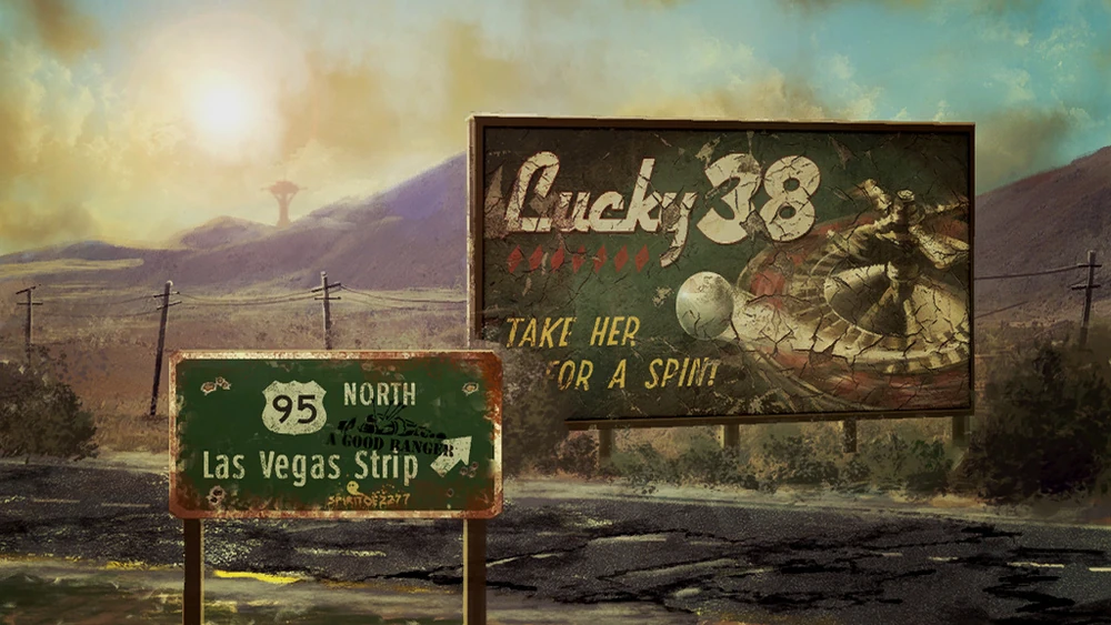 Fallout new vegas loading screen showing road signs towards the Las Vegas Strip