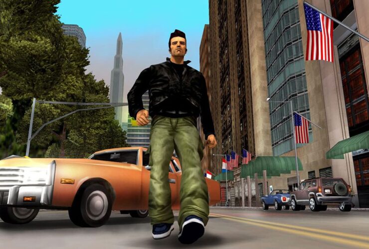 A character walking down the NYC streets in GTA 3