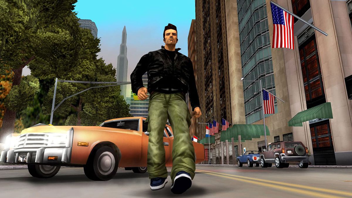 A character walking down the NYC streets in GTA 3