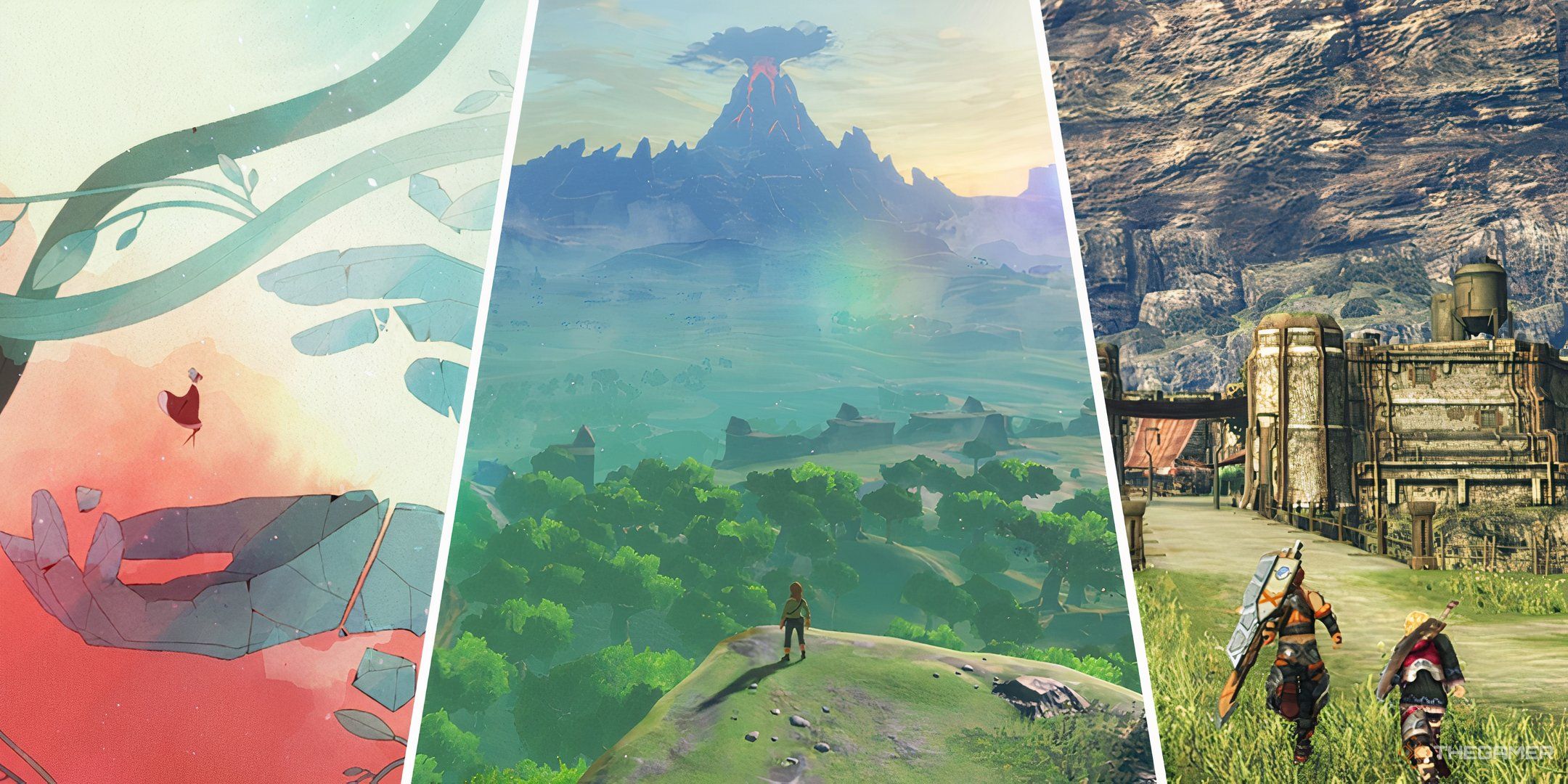 Split images of Gris, The Legend of Zelda Breath of the Wild, and Xenoblade Chronicles Definitive Edition.