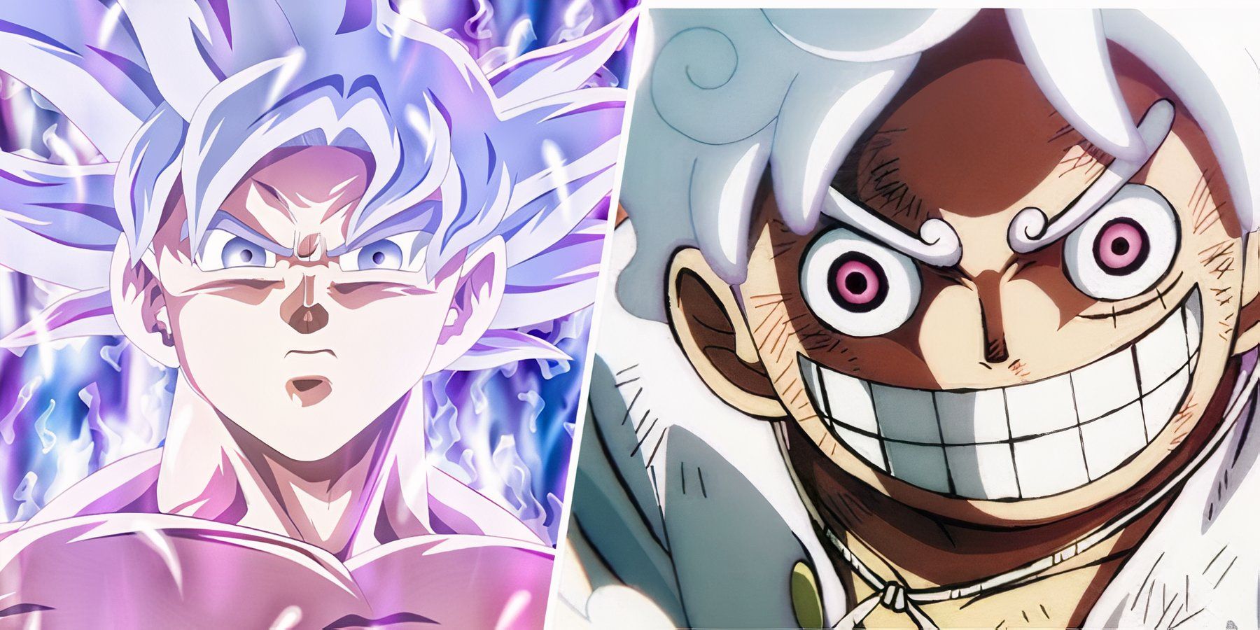 A split image of Ultra Instinct Goku and Gear 5 Luffy