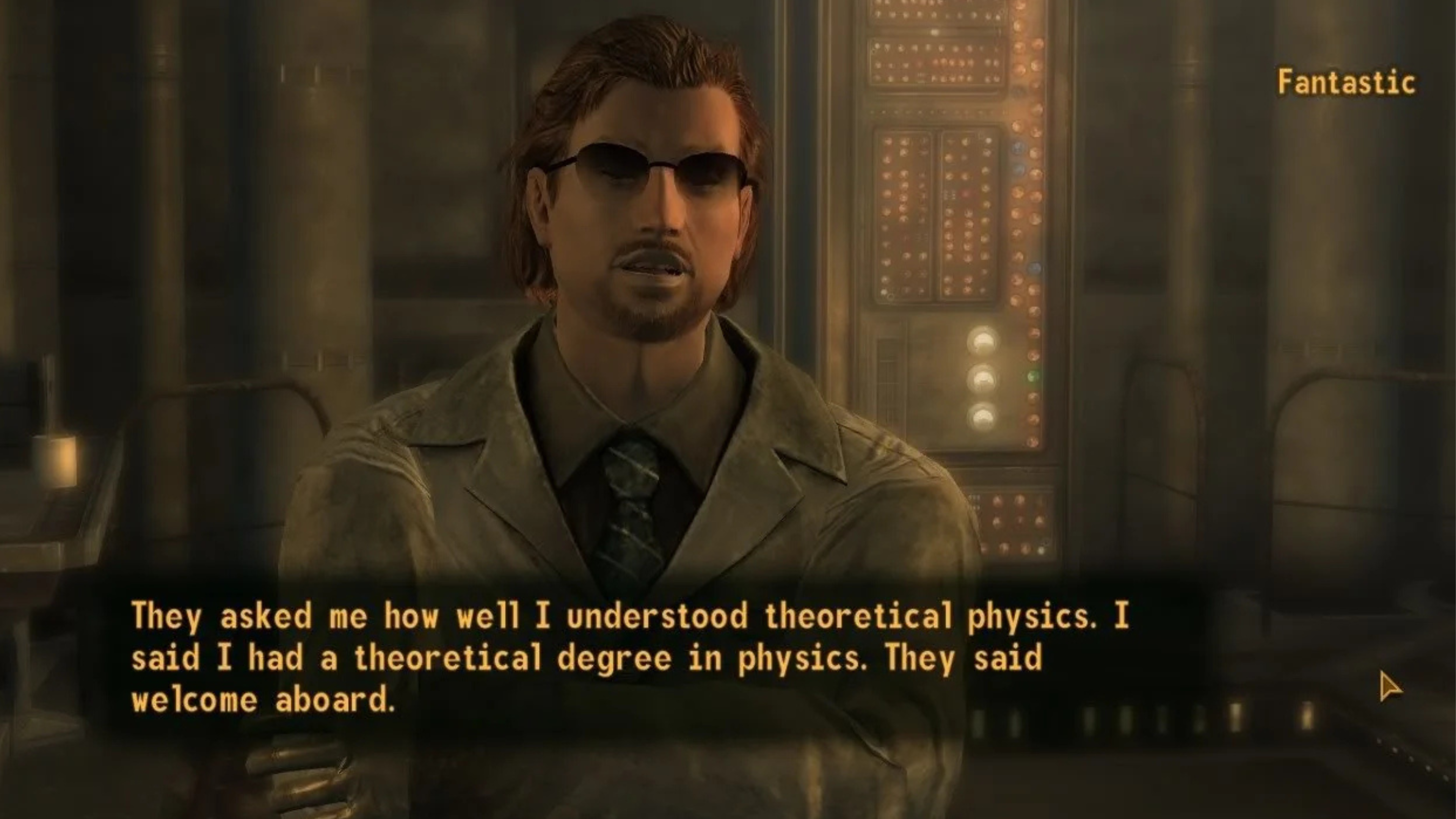 A screenshot of Fantastic from New Vegas, his dialogue reads 