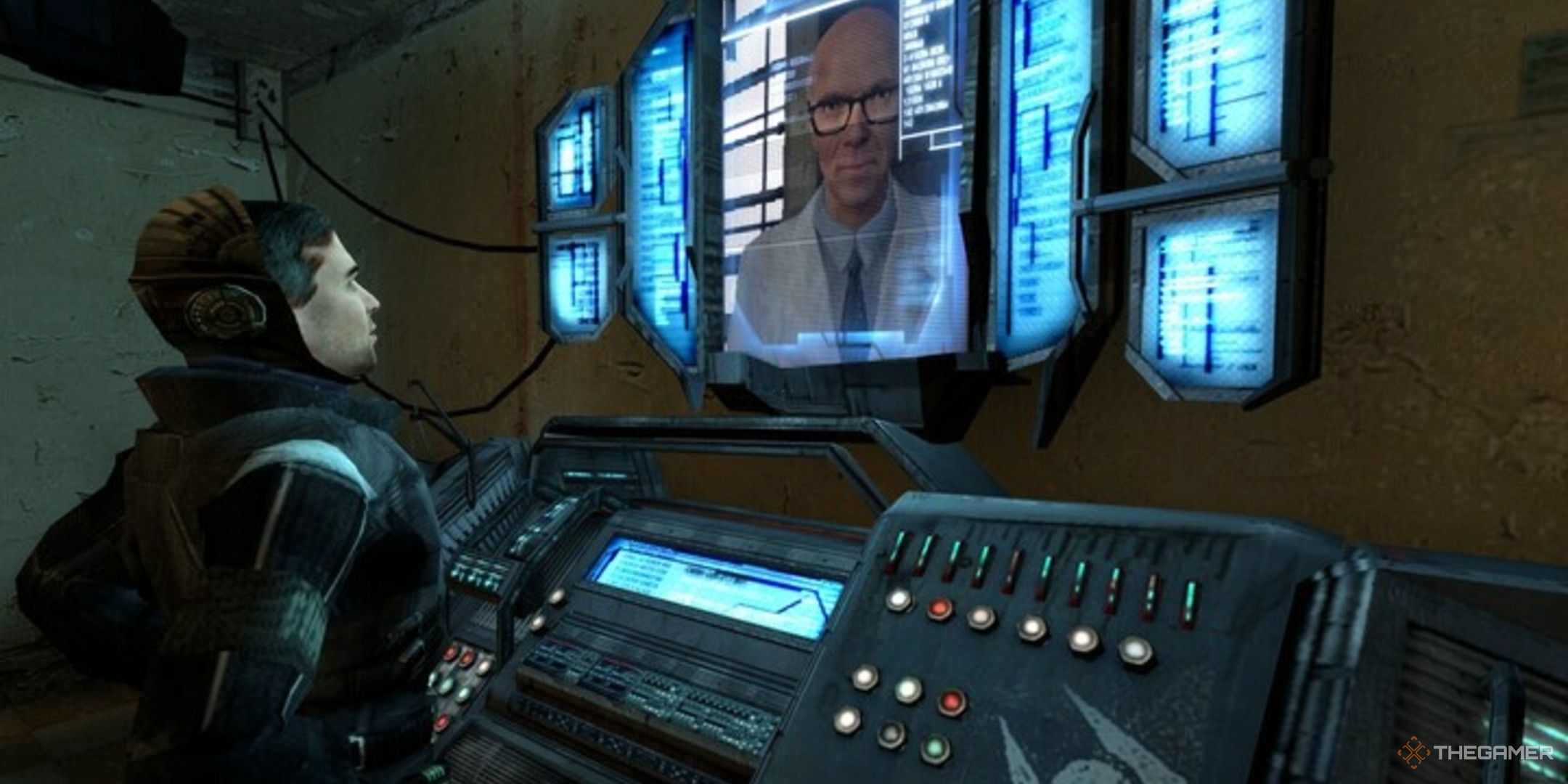 Barney disguised as a Combine soldier looking at Dr Kleiner on a computer screen in Half-Life 2.