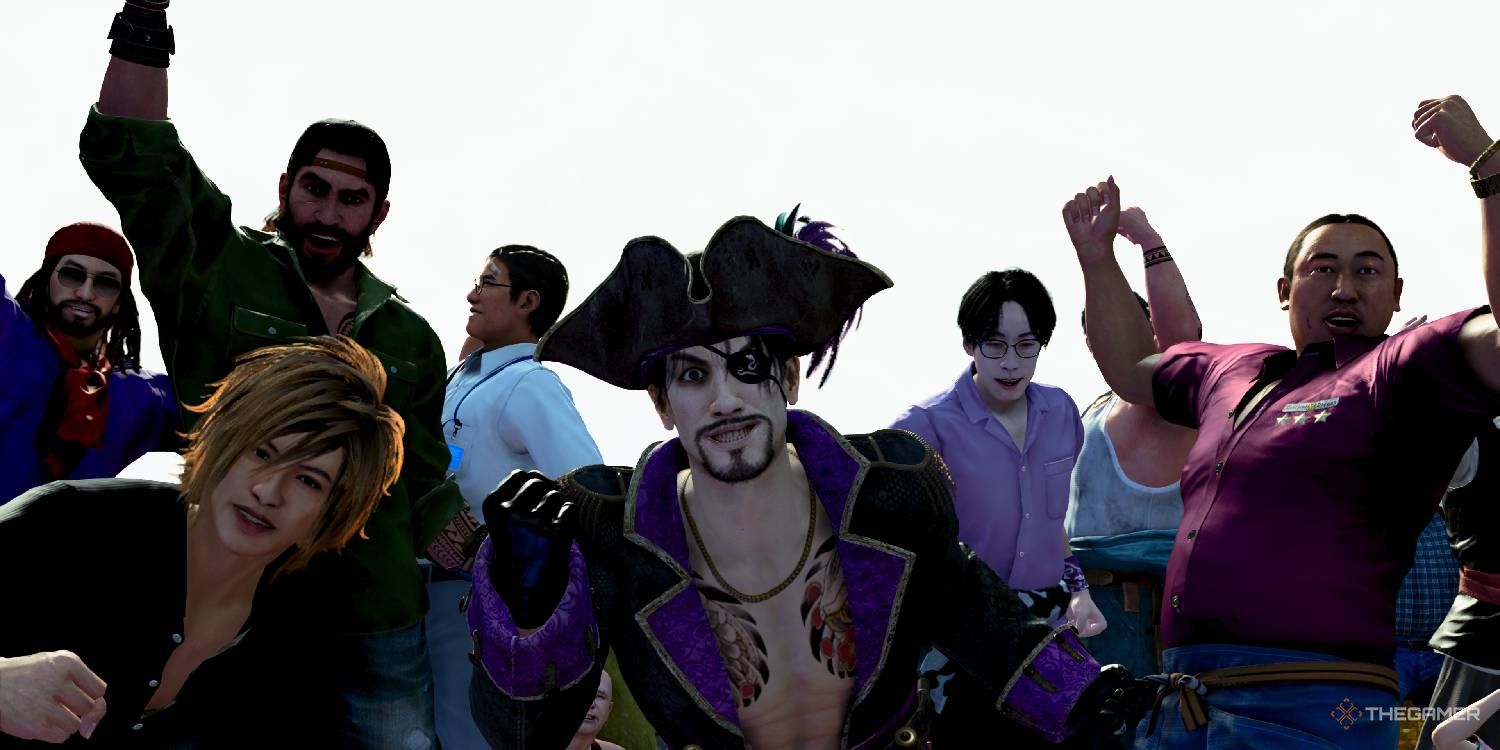 Goro Pirates crew members celebrating after winning a battle in Like A Dragon Pirate Yakuza In Hawaii.