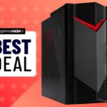 An Acer Nitro 50 gaming PC on a red background, with a GamesRadar+ best deal stamp on its right