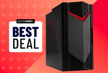 An Acer Nitro 50 gaming PC on a red background, with a GamesRadar+ best deal stamp on its right