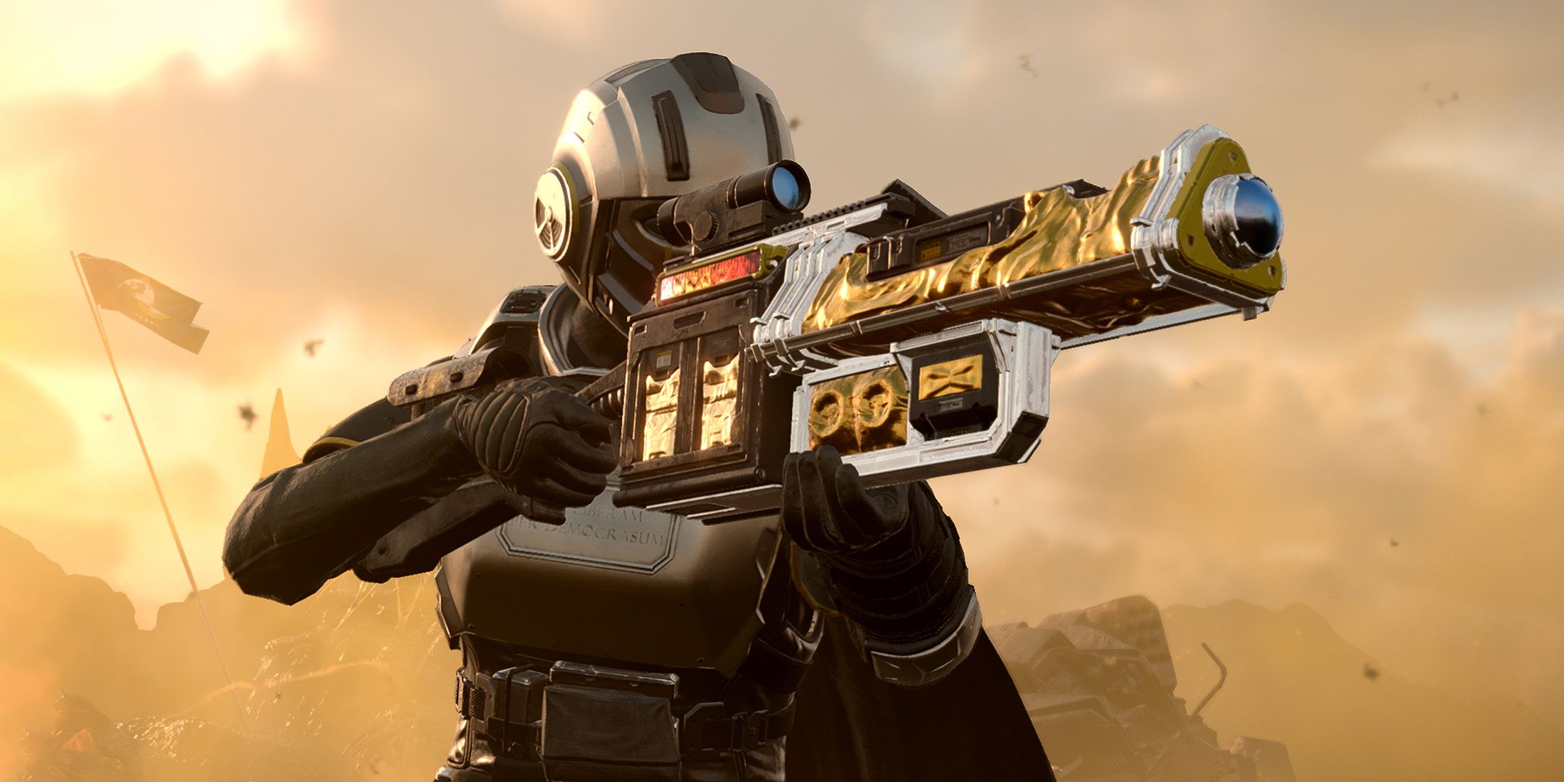 Helldivers 2 golden rifle gun in desert close-up