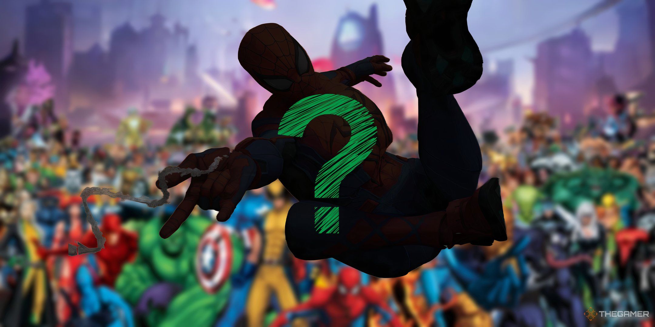 A blacked out shot of Spider-Man in front of a backdrop of many Marvel characters.