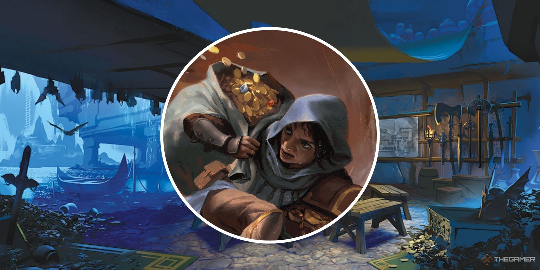 A character in Dungeons & Dragons encumbered by a large treasure bag in a split image with a criminal underbelly background.