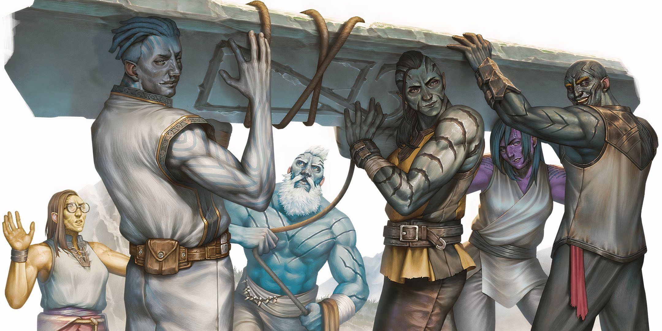 A group of goliaths carrying a large stone obelisk in Dungeons & Dragons. 