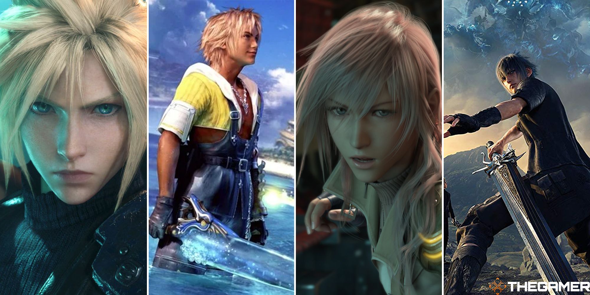 final fantasy vii cloud, x tidus, xiii lightning, and xv noctis split image