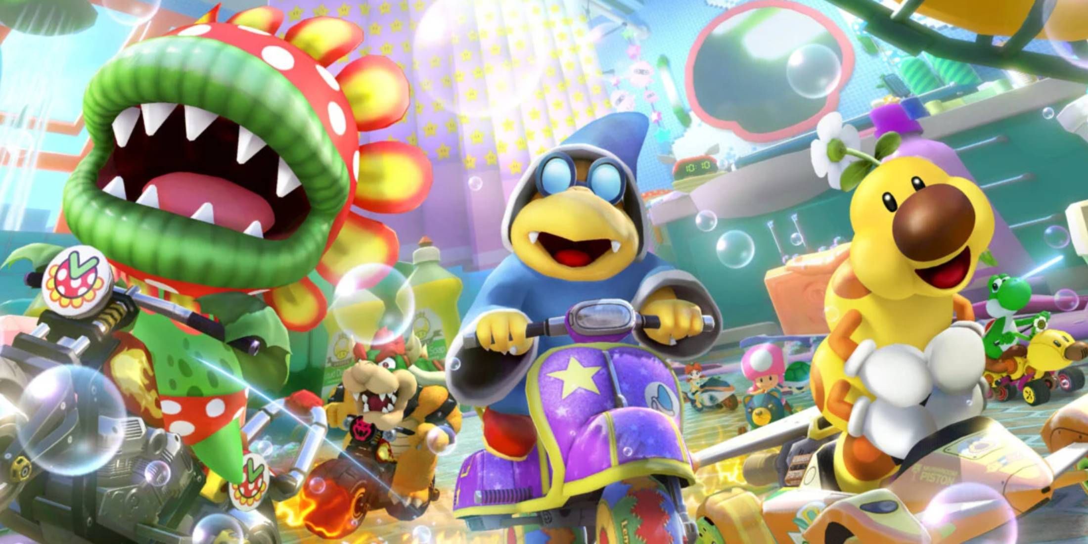 Petey Piranha, Kamek, and Wiggler in art for Mario Kart 8 Deluxe's Booster Course Pass