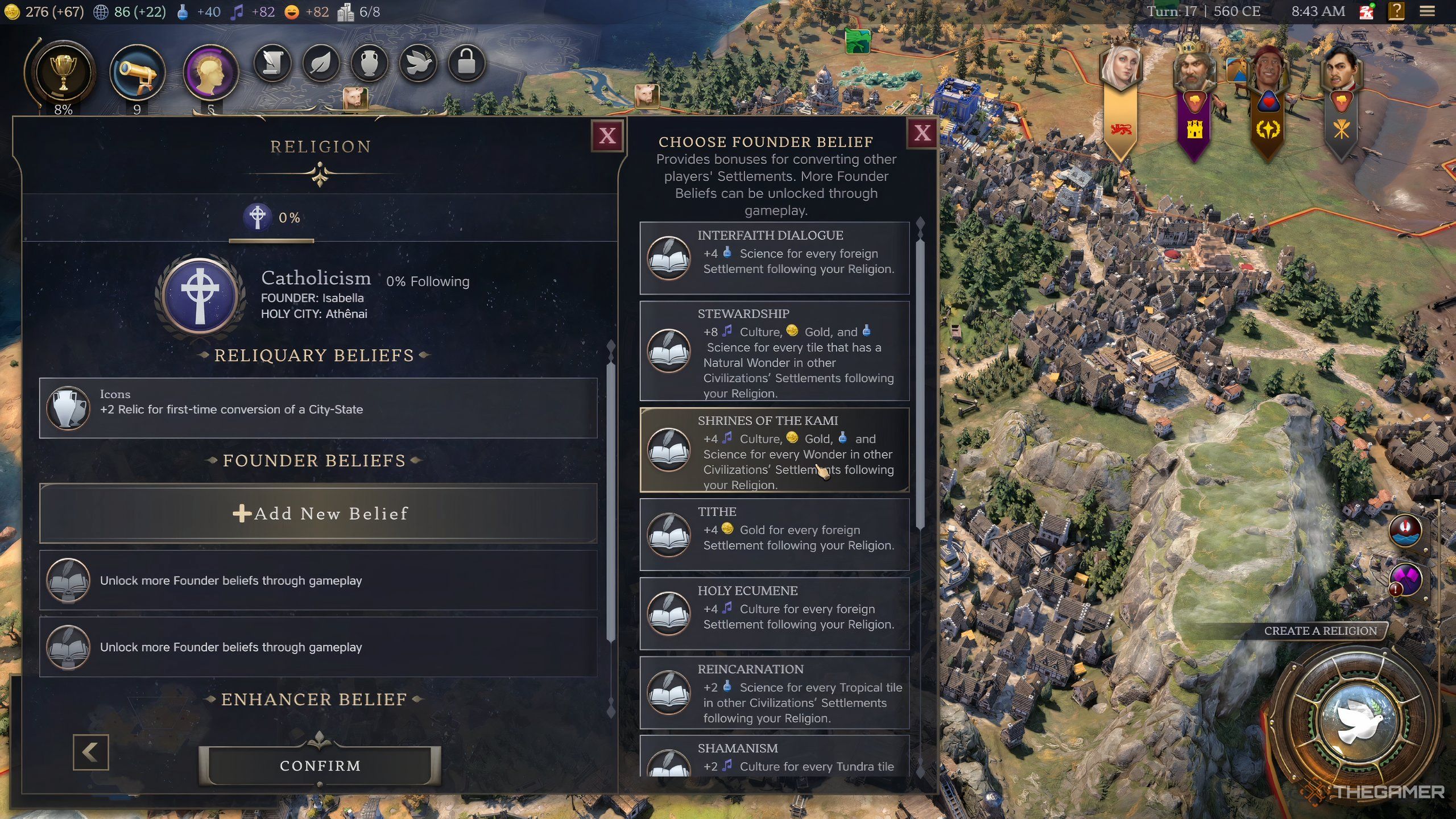 The religion selection screen in Civilization 7. 