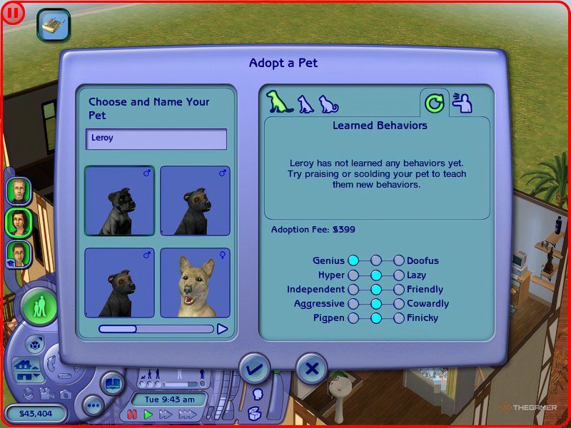 The pet catalog is shown in The Sims 2.