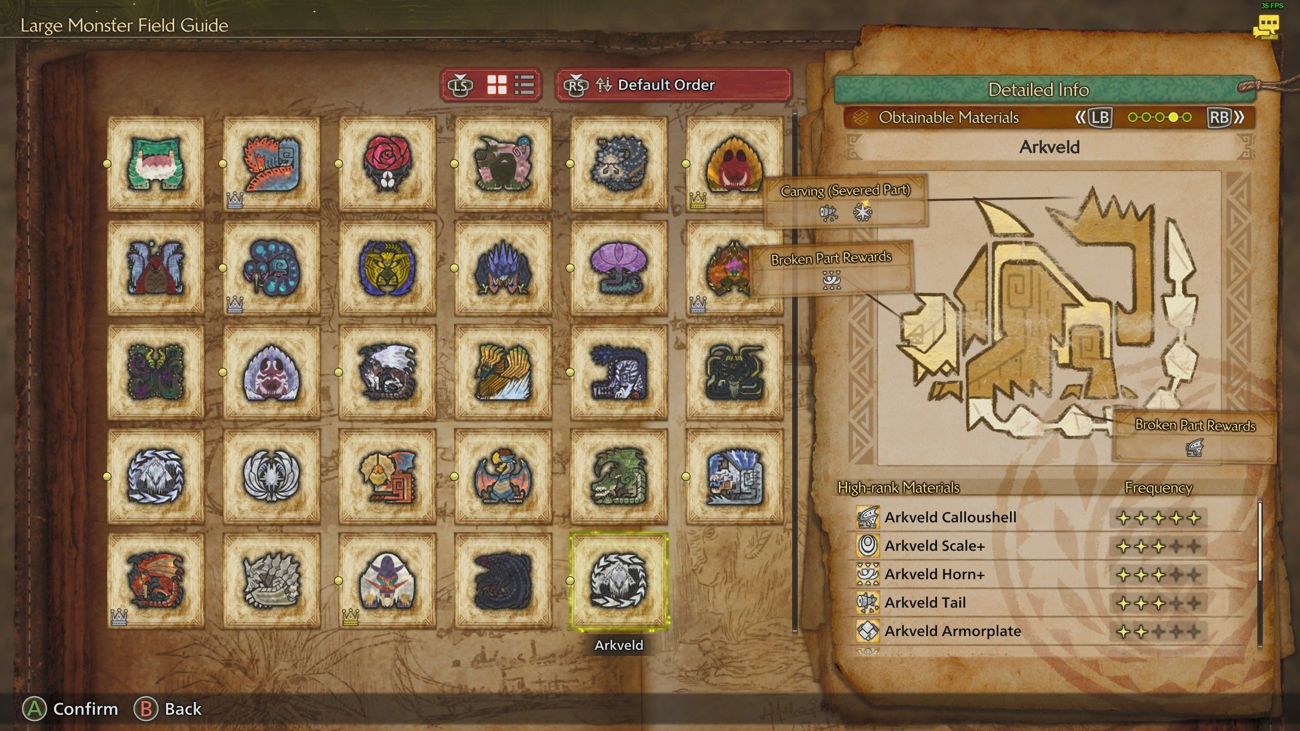 The Monster Guide showing Arkveld's material drops in Monster Hunter Wilds.