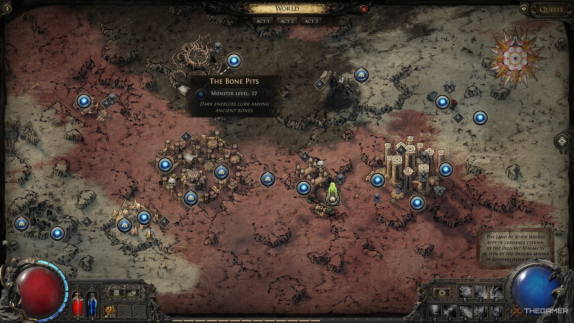 The Bone Pits on the map in Act 2 of Path of Exile 2.