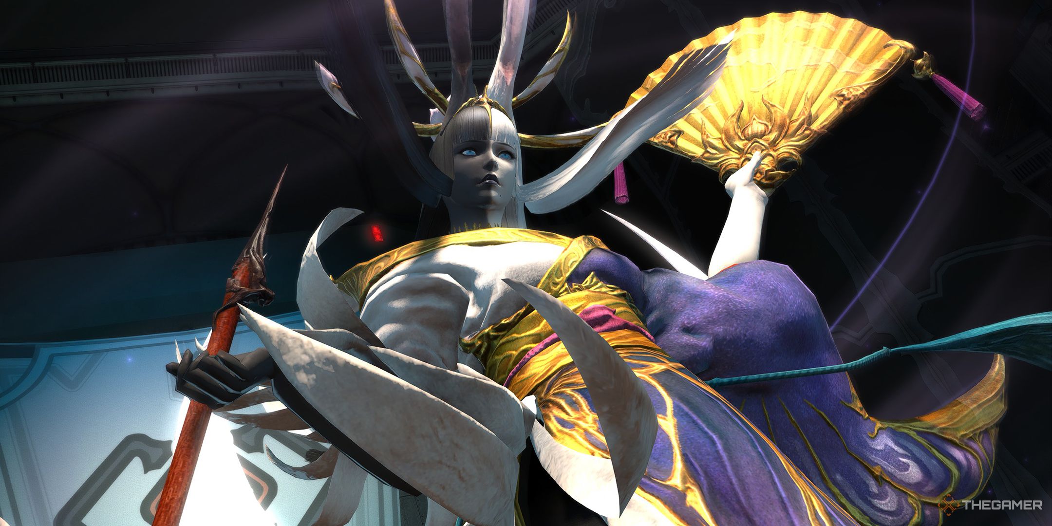 Tsukuyomi wielding her pipe and fan in Castrum Fluminis in Final Fantasy 14.