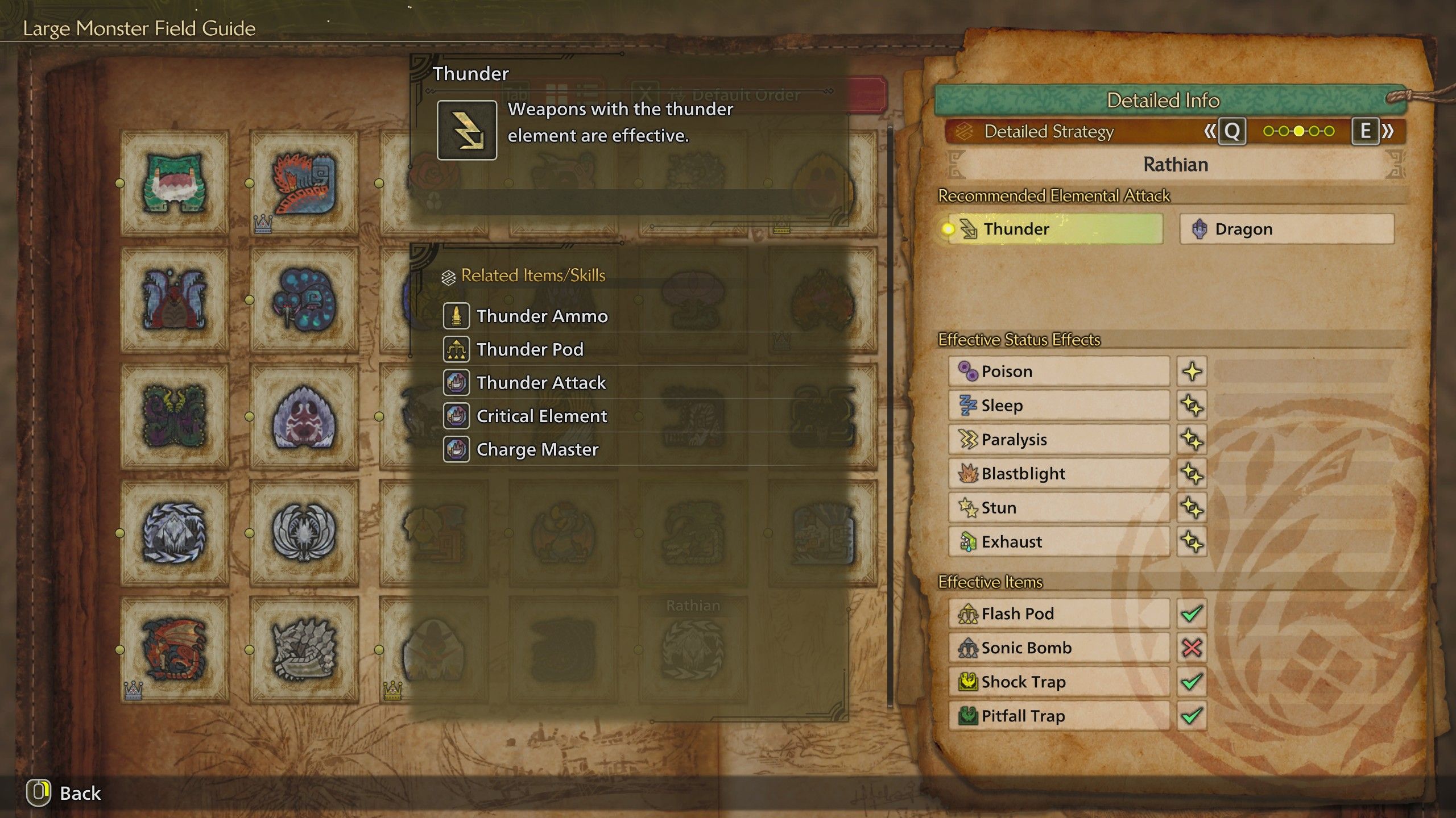 The Monster Guide showing the Rathian's elemental weaknesses.