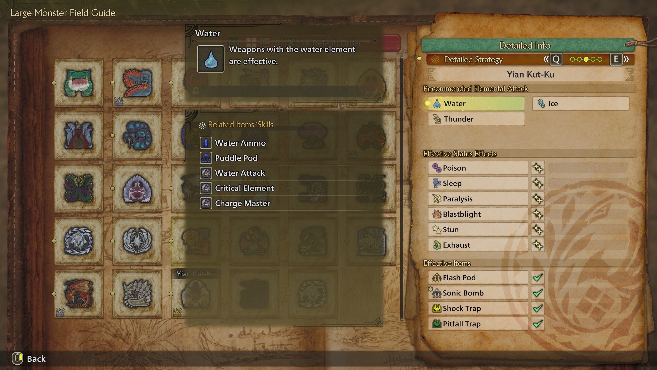 The Monster Guide Showing Yian Kut-Ku's elemental weaknesses in Monster Hunter Wilds.