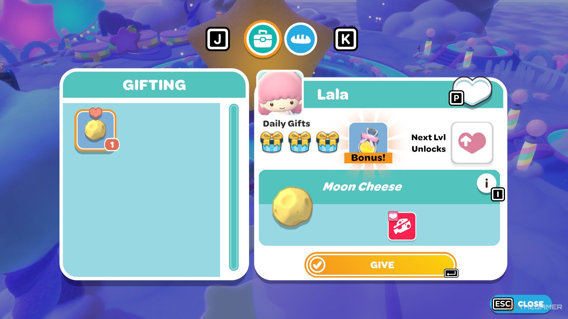 The player gifts a Moon Cheese to Kiki in Hello Kitty Island Adventure